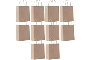 SHUBEIEUMI Paquete de 10 Bolsas de Regalo, Bolsas de Papel Kraft con Asas, 21 x 15 x 8 cm, Reutilizables Bolsas de Regalo para Embalaje Fiestas de Cumpleaños Bodas-Marrón