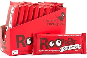 Roobar Goji Berry Raw Bar - Dairy & Gluten Free. 100% Organic, Vegan with Superfoods for Optimum Nutrition. No Added Refined Sugar - 12 x 30g Raw Bars