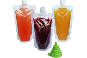 YELINOSK 20PCS Clear Drink Pouches 380ml with Caps and Funnel for Festivals, Leak Proof Alcohol Beverage Juice Liquid Pouch Bags, Plastic Hip Flask for Parties, Picnic, Travel, Sports, Extra Large Mouth 1.5cm