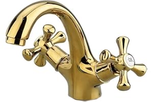 VETRINEIN RETE Vetrineinrete® Rubinetto per bagno miscelatore doppio comando lavabo bidet vasca doccia in ottone oro lucido (Lavandino) A45