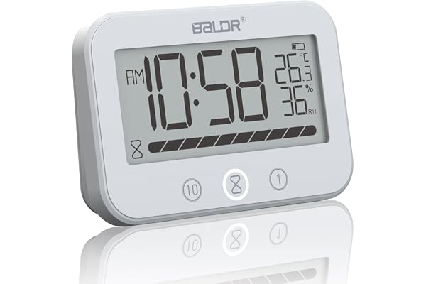 ALEENFOON Digital badrumsklocka, IP54 vattentät duschklocka med temperatur och luftfuktighet, 99 minuters nedräkningstimer med larm, stor LCD-timer med 2 självhäftande krokar och 2 sugkoppar