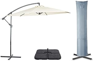 VonHaus Parasol with Base & Waterproof Cover, 3M Cantilever Banana Umbrella for Outdoor, Garden, Patio, Sunshade Canopy with Hand Crank, Tilt & Rotate Function