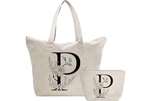 TOOZEN Personalizadas Bolso Tote de Mujer con Inicial, Bolsa de lona con Bolsillo Interior, Bolsa de Compras con Bolso de Cosméticos, Regalos para Damas Mejor Amigas Mamá, Regalo Cumpleaños Navidad P