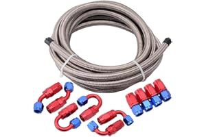 Riloer Tubo carburante AN6, tubo flessibile universale intrecciato per olio, carburante, gas, compatibile con vari tipi di automobili, connettore rosso-argento + tubo argento da 5 m