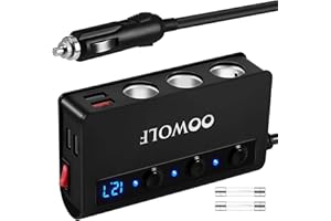 OOWOLF Quick Charge 3.0 Cigarette Lighter Adapter,180W 12V/24V 3-Socket DC Power Car Splitter with 6.6A 4 USB Ports,LED Display Voltage, Individual Switch (Black)
