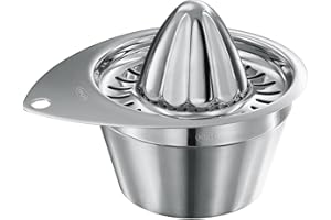 RÖSLE Presse-Citron Manuel de Haute Qualité - Pour les Agrumes, Citrons, Citrons Verts, Oranges - Récipient Extra-Large - Va au Lave-Vaisselle, Acier inoxydable 18/10, Jaune, 15 x 18 x 18 cm