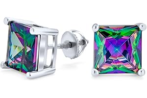 BLING JEWELRY Hommes Square Noir Mystic Arc En Ciel Princesse Zircone Aaa Clous D'Oreilles Cz Pour Femmes .925 Argent Sterling Vis 6 8 10Mm