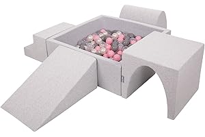 KiddyMoon Foam Playground For Kids With Square Ballpit (300 Balls ∅ 7Cm/2.75In) Soft Obstacles Course And Ball Pool Made In EU, Lightgrey:Pearl/Grey/Transparent/Powderpink