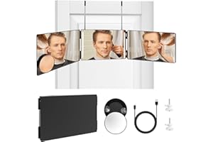 NICEJOOE 3 Way Mirror with Led 10X 360 Mirror Self Cut Hair Adjustable Three Way Mirror with Telescoping for Back View, Trifold Self Haircut Mirror with Height Retractable Hook for Barber Shaving Makeup & DIY