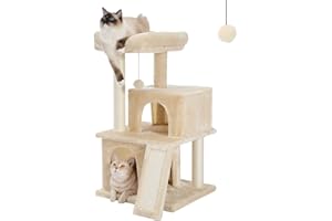 PETEPELA Arbre à Chat, Petit Arbre a Chat avec 2 Condos Douillets, Perchoir Moelleux, Griffoir et Poteaux en sisal & Pompons Suspendus, 86 cm, Beige