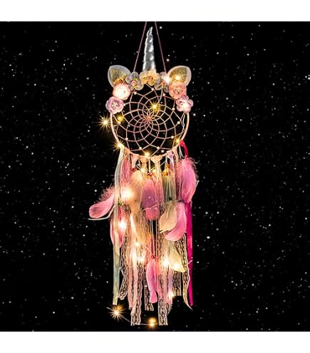 Attrape-Rêves Carrousel à LED - Décoration Murale Bohème Avec Plumes - Lumière Douce - Cadeau Chambre, Mariage (Rose)