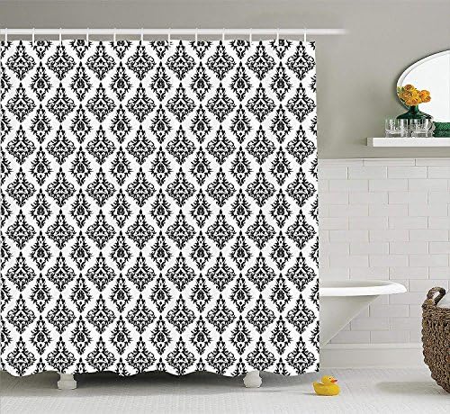 tgyew Damask Decor Shower Curtain Set, Damask Pattern Tiles Interchangeable Retro Nostalgic Modern Baroque Stencil Art Design, Bathroom Accessories, 60W X 72L Inche Long, Black White