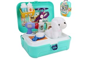 CestMall Juego de Cuidado de Mascotas Mascotas Juego de imaginación Juego de Juguetes con Mochila 16pcs Juguetes Maletín de peluquería Canina con Accesorios y Perrito para 3+ años niños