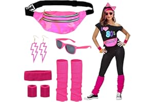 CHMMY 80er Jahre Accessoires Outfit Damen, 80er Jahre Kleidung Damen Set mit Bauchtasche, Stirnband, Beinwärmer, Armbänder, Brille und Ohrring für Karneval Neon 80 Jahre Party Outfit Damen