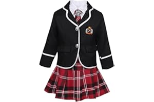 Jowowha Enfant Fille Uniforme Scolaire Japonais Cosplay Anime Anglais Ensemble Chemise à Manches Longues et Jupe Courte Carreaux et Cravate et Gilet Clubwear 4-14 Ans
