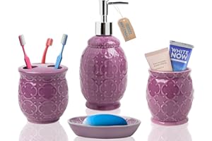 COMFIFY Designer 4-Piece Ceramic Bath Accessory Set | Includes Liquid Soap or Lotion Dispenser w/Toothbrush Holder, Tumbler, Soap Dish | Moroccan Trellis | Purple - Holds 15.6 oz