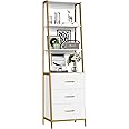 HOCSOK Ladder Shelf, Bookshelf with 3 Drawers & Metal Frame, 4 Tier Storage Rack, Wooden Bookcase for Living Room, Bedroom, Office (White)