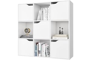 FirFurd Librería Blanca, Estantería Madera, Mueble Almacenaje para Libros, con 9 Cubos y 5 Puertas, para Oficina, Estudio, Salón, Moderno, 90x29x90cm