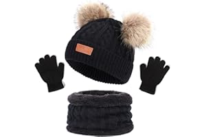 NLAND 3 in 1 Set de Bufanda Gorro Guantes Niña Niño Conjunto de Cálido Gorro de Punto Invierno con Pompon, Braga Cuello con Forro Polar y Guantes Termicos para Niña Niño 2-6 Años