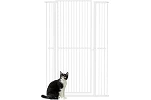 PawHut Barrera para Perros y Gatos Extra Alta 150 cm, Puerta para Perros, Ancho Ajustable 77-104 cm, Barrera de Seguridad, con 2 Extensiones y Puerta de Paso, para Escaleras y Pasillos, Blanco