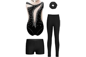 Oyolan 4 Pièces Ensemble de Gymnastique pour Fille Enfant Justaucorps et Legging Short Chouchou Tenue Danse Gym Patinage Sport Fitness
