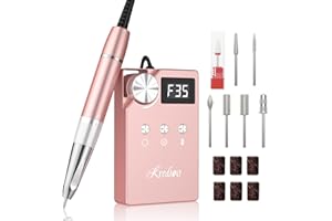 Kredioo Torno para Uñas Profesional 35000RPM, Motor sin Escobillas, Recargable＆Portátil, Lima Electrica con 7 Brocas, Pulidor, Manicura Pedicura, Kit Fresas Set, LED, Acrílico Gel/Esmalte, Salón/DIY