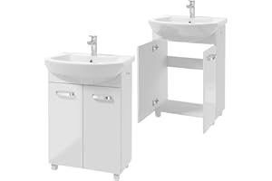 .Deftrans Mueble de baño con lavabo, 85 x 60 x 40 cm, color blanco, juego de lavabo, de cerámica, armario de pie para baño pequeño