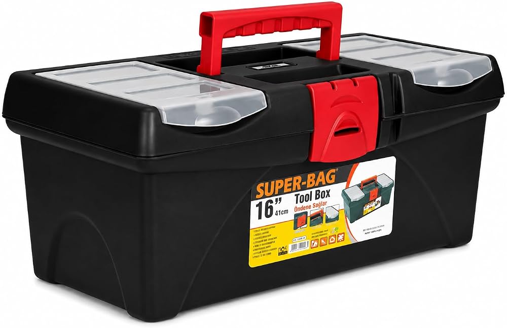 Super Bag 16 İnç Plastik Takım Çantası, Organizer Bölmeli Alet Çantası, Kilitli El Aleti Saklama ve Taşıma Kutusu, Ev Garaj Atölye Kullanımı, ASR2017