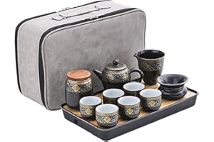 fanquare Chiński złoty ceramiczny zestaw do herbaty Kung Fu, japoński podróżny zestaw do herbaty z tacą, z torbą podróżną, czarny czajniczek do herbaty, zaparzacz