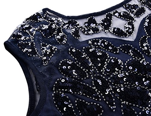 Kayamiya Damen 1920er Jahre Perlen Pailletten Floral Maxi Lange Gatsby Flapper Abendkleid 44-46 Blau - 4