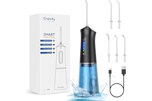 ENPULY Irygator do jamy ustnej, zwycięzca testu 2023, 200 ml, bezprzewodowy irygator, 2000 mAh, czas użytkowania z 4,5 godzinnym ładowaniem, prysznic z 5 trybami pracy i 5 dyszami, czarny i niebieski