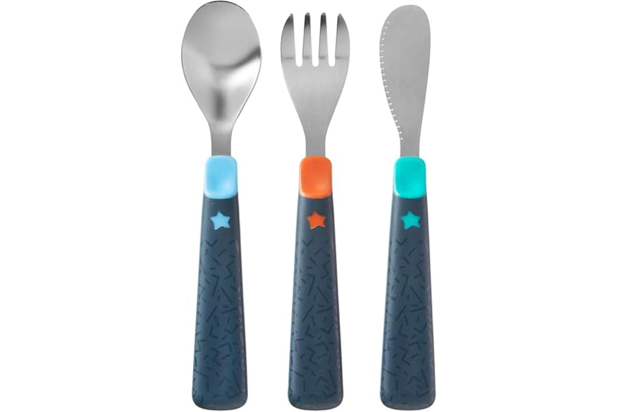 Tommee Tippee Stainless Steel First Cutlery Set, Suitable for 12m+, Kids Cutlery Set with Rounded Edges and Easy to Hold Chunky Handles