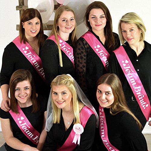 JGA Gruppenset Schärpen pink Frau Wundervoll – Team Braut -Inhalt für 1 Braut und 6 Freundinnen- Junggesellinnenabschied / Hen Party / Anstecker / Brautschärpe - 3