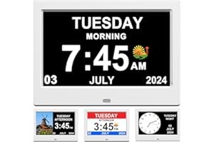 TIMEMOON Alarm Clock with Day and Date for Elderly, Digital Calendar, Photo Frame, Automatic Dimmable Display, 15 Alarm Options (7 inch White)