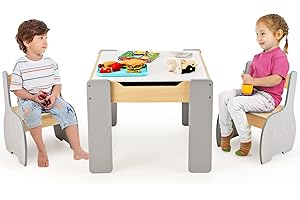 COSTWAY 3 in 1 Set Tavolo e Sedie per Bambini, Tavolo da Attività per Bambini con 2 Sedie, Lavagna Rimovibile e Deposito, per Giocare, Disegnare e Leggere, in Legno (grigio)