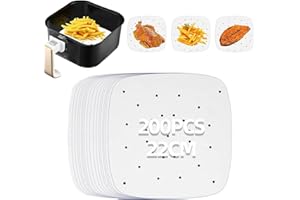 JUINGIO 200 Pezzi Carta Forno Per Friggitrice Ad Aria, Teglie Per Friggitrice Ad Aria, Antigrasso Antiaderente Fodera in Carta Monouso, per 4 l a 5,5 l Air Fryer, Forno, Padelle, Microonde(Quadrati 22cm)