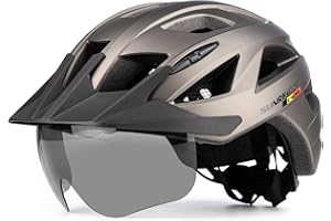 SUNRIMOON Adult Bike Helmet Cycling Helmets Mountain & Road Bicycle Helmets with USB Rechargeable Rear Light Detachable Magnetic Goggles Removable Sun Visor for Unisex Men Women MTB Helmet