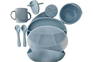 CHLOENCE Set Pappa Svezzamento Bambini, 8 Pezzi in silicone certificato CE. Piatto e ciotola con Ventosa Bavaglino Regolabile Cucchiaio e forchetta Bambino e Neonati, Senza BPA, (blu)