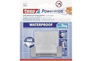 ‎TESA tesa Powerstrips Doppelhaken Waterproof Zoom - selbstklebender Haken für Dusche und Bad, groß - Metall-Badhaken - belastbar bis 3 kg