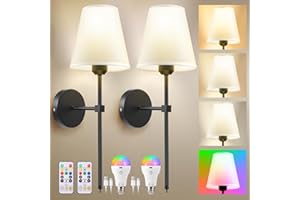 Gxpjycfob Battery Operated Wall Lights Set of 2, Rechargeable Wall Lights with Remote Control, Fabric Shade Lighting Fixtures, 16 RGB LED Bulb Wall Sconce for Bedroom Living Room, No-Hardwired (Black)