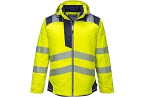 Portwest T400 Men's PW3 Lightweight Hi Vis Hooded Work Jacket Reflective Full Zip Safety Utility Quilt Lined Waterproof Workwear Yellow/Navy, Large