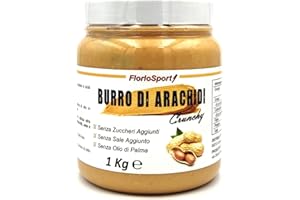 FlorioSport Burro di Arachidi Crunchy, 1000 g Burro di Arachidi Ricco di Pezzi di Arachidi - Croccante e 100% Naturale - Peanut Butter - Adatto per Vegetariani - Senza Zuccheri e Sale Aggiunto.