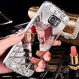 FESELE Spiegel Silikon Schutzhülle für [Samsung Galaxy S7] Überzug Silber Luxus Bling Kristall Strass Diamant Glänzend Glitzer Weiche TPU Silikon Handyhülle Plating Case Tasche Cover für Samsung Galaxy S7 + Blau Eingabestift Stylus Touch Pen-Spiegel mit Strass,Silber