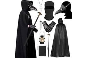 HARNYLOOM Pestdoktor Kostüm Herren - 10 Pcs Plague Doctor Costume Erwachsene Maske Pest Doktor Kostüm Steampunk Pestarzt mit Kapuze, Halloween Cosplay Horror Outfits, Kreuz-Halskette Zepter
