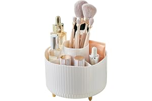 DRILBUR Makeup Brush Holder Organizer,360° Rotating Makeup Brush Organizer,5 Slot Make up Brushes Cup for Cosmetics, Nail Polish, Art Supply, Bathroom Vanity Desktop Organizer(Cream)