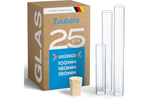 Tuuters 25x Flachboden-Gläser Reagenzglas mit Korken (Hellbraun) Verpackung Gastgeschenke (180 x Ø 20 mm)