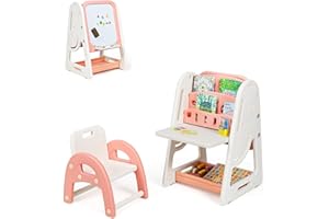 COSTWAY 2 en 1 Bureau Enfants avec Hauteur Réglable, Tableau Enfants Double Face en HDPE avec Tabouret & Etagère de Rangement, Chevalet Magnétique pour Enfants de 3 Ans+(Rose)
