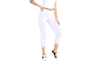 STAR FASHION Womens Ladies ¾ Cropped Capri Lace Trim Leggings Stretchy Soft Tights Yoga Pants Elasticated Waist Shorts for Jogging UK 8-26