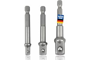 PITLANE PERFORMANCE Pitlane Performanc® - Juego de 3 adaptadores de vaso de 1/4", 3/8", 1/2" cuadrado a vástago hexagonal, acero cromo vanadio Cr-V, para taladros y controladores inalámbricos, par máximo 72 Nm