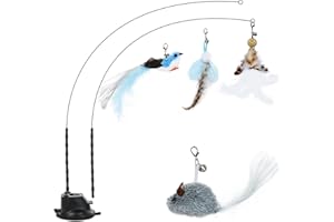 Romon Jouet Chat, 7 Pièces Jouets pour Chats Interactif, Interieur Jeu à Plumes avec Ventouse, 2 Canne à Pêche, 1 Oiseaux à Clochettes pour Chaton, Cat Toys Accessoire Intelligence Chat Baguette